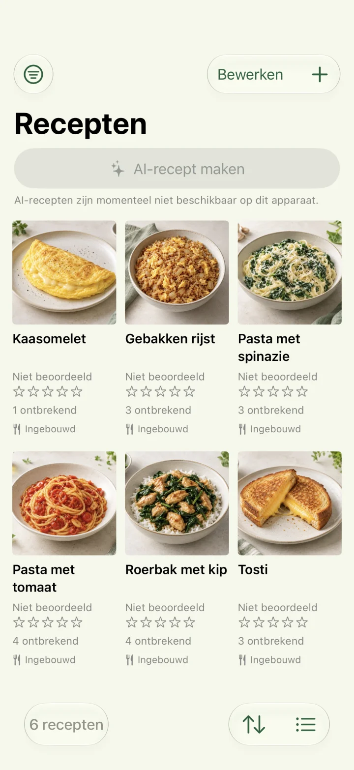 Receptenoverzicht met zes gerechten en ontbrekende ingrediënten; AI niet beschikbaar op dit apparaat