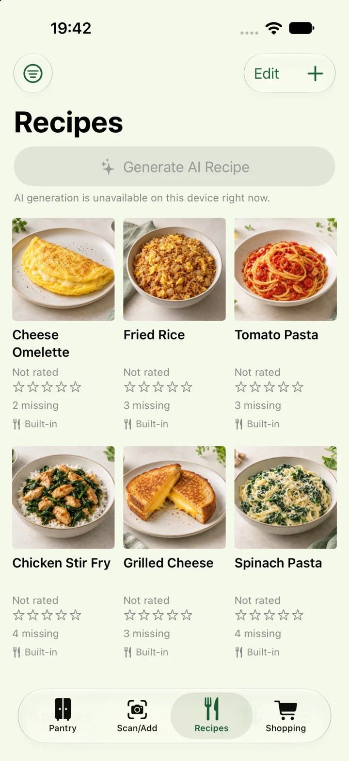 English recipe collection with six meals and missing ingredient counts; AI unavailable on this device