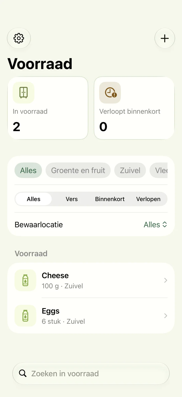 Voorraadscherm met categorieën, houdbaarheidsfilters, kaas en eieren